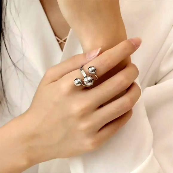 Womens Ball Round Silver Platinum Open Finger Ring Chunky Jewelry Adjustable - Picture 2 of 10